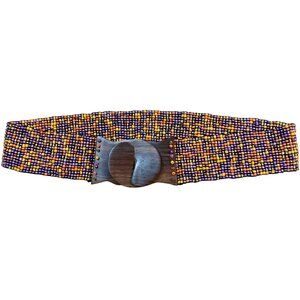VTG Purple Yellow Beaded Stretch Belt 39" Wood Clasp, Boho, Festival, Hippie Fas